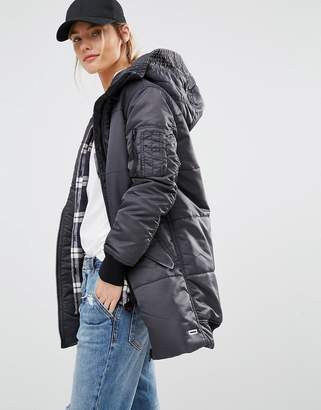 Converse Black Long Padded Jacket With Borg Lined Hood