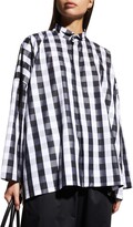Thumbnail for your product : eskandar Wide Longer-Back Gingham Shirt with Double Stand Collar (Mid Plus Length)