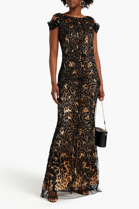Roberto Cavalli Cold-shoulder embellished leopard-print cotton-blend tulle gown