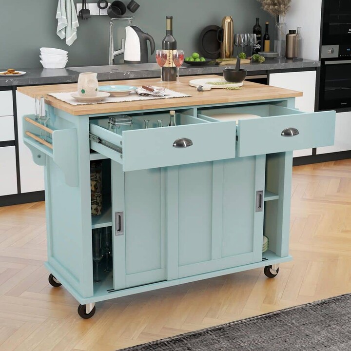 Nestfair Mint Green 52.2 in. W Kitchen Island with Rubber wood Drop-Leaf Countertop, 2 Drawers and 4 Wheels
