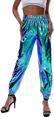 Koitniecer Womens Shiny Metallic Jogger Pants High Waist Casual Wet Look  Hip Hop Club Wear Holographic Sweatpants Trousers (Blue S) - ShopStyle