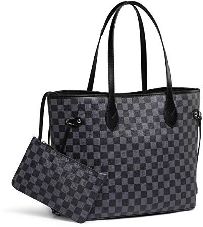 Richports Checkered Tote Shoulder Bag with Inner Pouch - PU Vegan Leather White, Women's, Size: Medium, Black