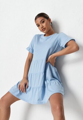 Missguided Blue Frill Sleeve Tiered Smock Dress