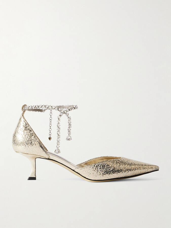 Jimmy Choo Stevie 50 Crystal-embellished Metallic Textured-leather Pumps - Gold