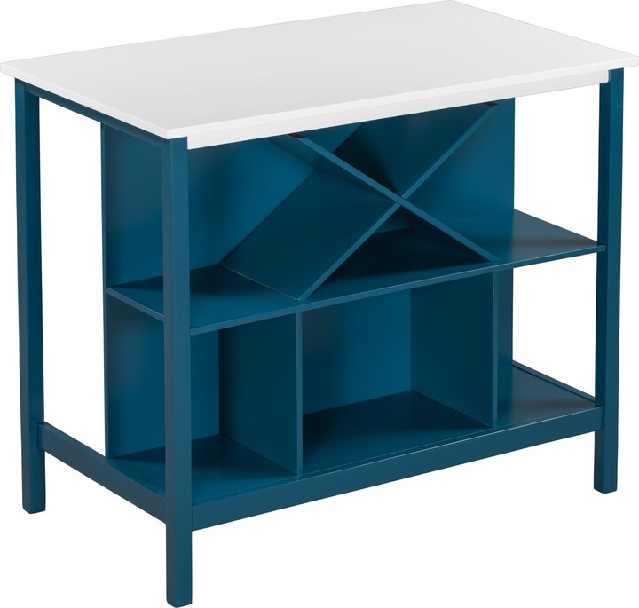 Farmhouse Wood Stationary Kitchen Island with Shelves and Wine Rack