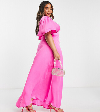 Flounce London Plus wrap front mini dress with flutter sleeves in pink  satin - ShopStyle