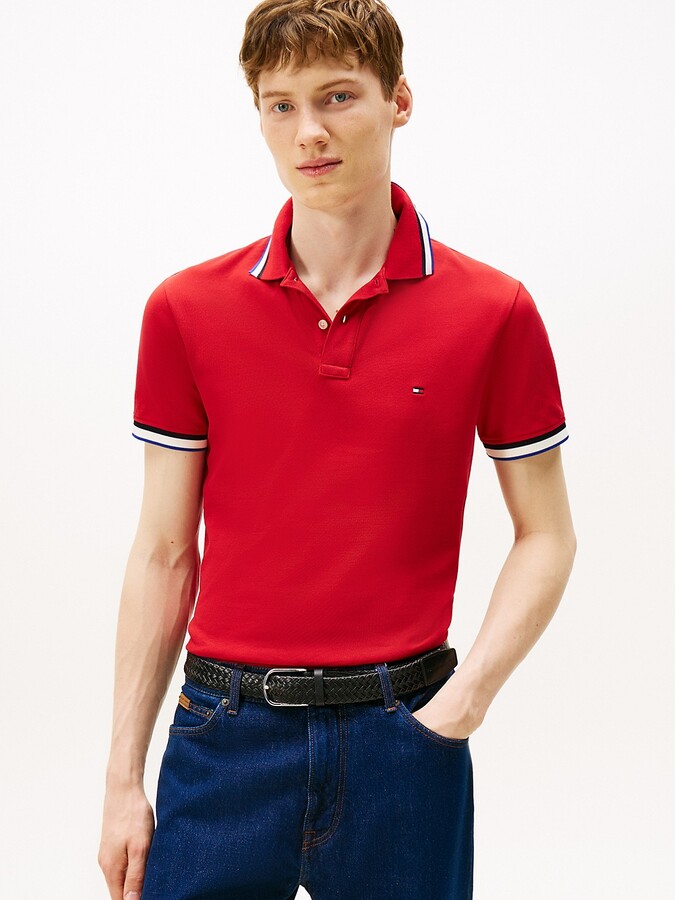 Tommy Hilfiger Men's Slim Fit Stripe-Cuff Stretch Pique Polo - Red - XXXL