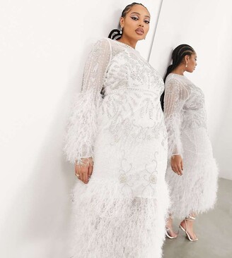 ASOS EDITION Curve crystal long sleeve embellished midi dress with faux  feather hem in ivory - ShopStyle