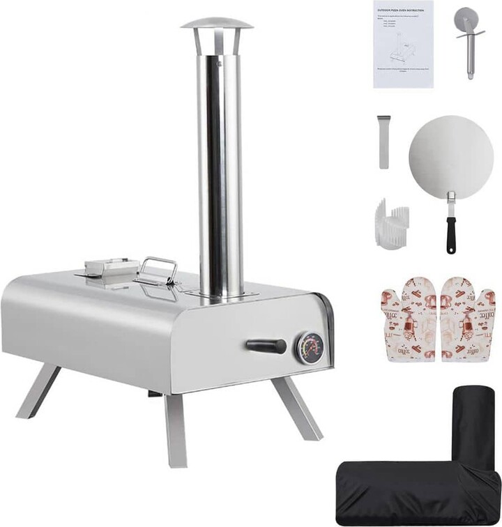 Garvee Wood Fired Portable Outdoor Pizza Oven in Silver with Foldable Legs 12 in. Pizza Stone and Protective Cover