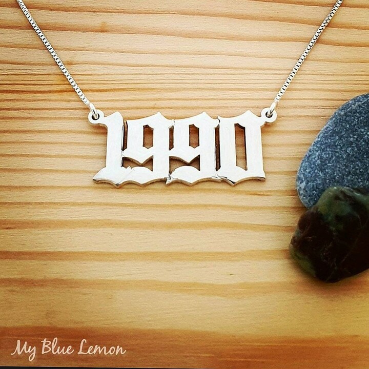 Etsy sterling Silver Number Necklace Custom Old English Gothic Year Date