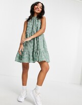 Thumbnail for your product : ASOS Petite DESIGN Petite tiered trapeze mini dress in sage contrast stitch broderie