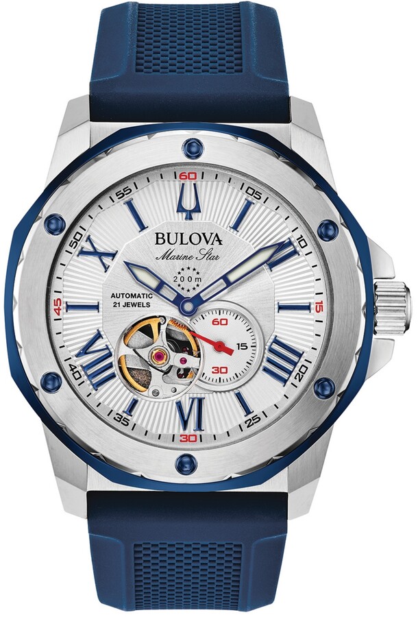 Bulova Men's Automatic Marine Star Blue Silicone Strap Watch 45mm - Blue/White