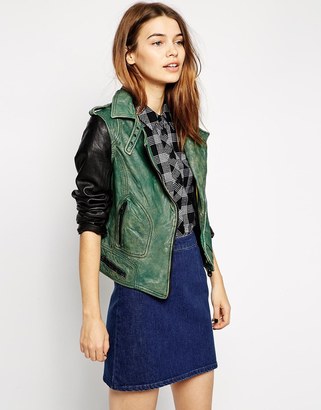 Doma Moto Vintage Leather Jacket with Contrast Sleeves - Bottle green black