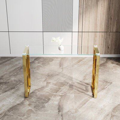 Ivy Bronx Golden Console Table - Transparent Glass Top, Stainless Steel Legs For Home Interior With And Polished Top