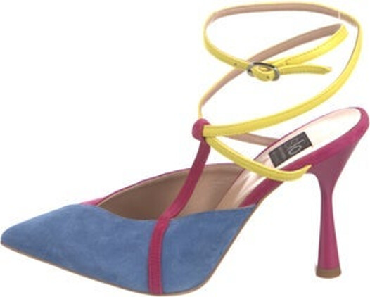 Islo Isabella Lorusso Leather T-Strap Pumps Blue & Pink Colorblock Pattern Pointed-Toes Wrap-Around Straps & Buckle Closure at Sides Unfortunately, due to restrictions, this item may not be eligible for shipping in all areas. | Islo Isabella Lorusso Leather Colorblock Pattern T-Strap Pumps w/ Tags in Blue/Pink, Women's 8