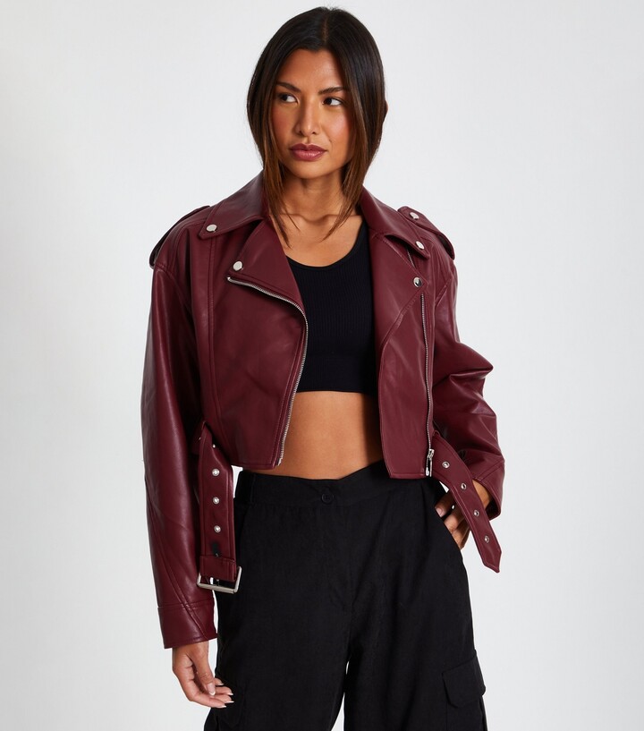 Quiz Women's Burgundy Crop Biker Leather Look Jacket ShopStyle