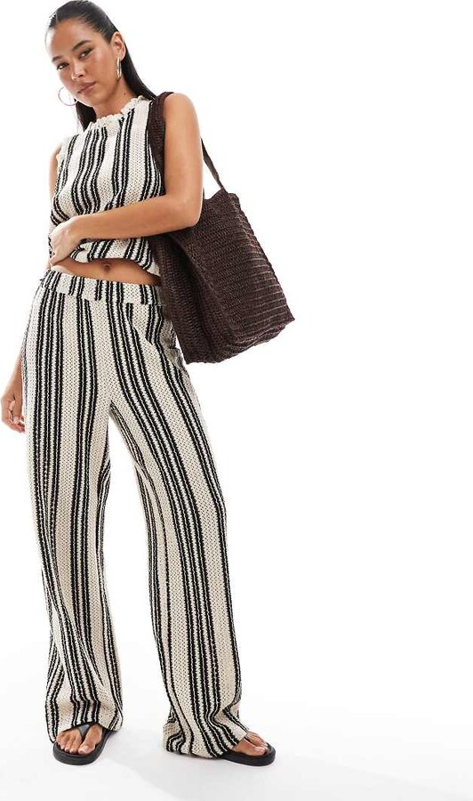 Object open knit wide leg pants in black and white stripes - part of a set