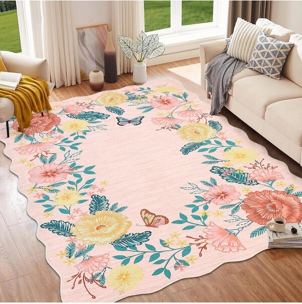 Jojoka WashableFloralAreaRugUltra-SoftFoldableFarmhouseScallopedCarpetNonSlipLowPileThrowMatforLivingRoomPink