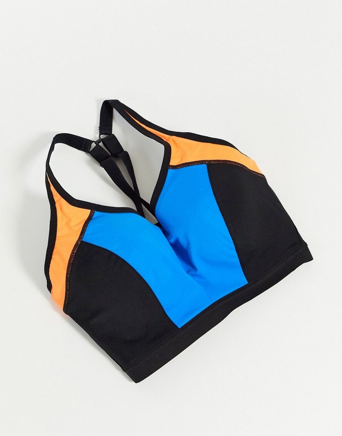Pour Moi? Pour Moi Fuller Bust Energy lightly padded color block underwire sports  bra in blue/orange - ShopStyle