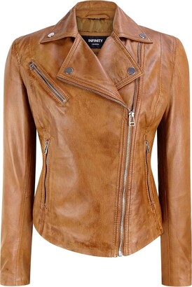 Infinity Leather Infinity Ladies Retro Brando Tan Biker Retro Casual Soft Nappa Leather Jacket - Tan XS - 8