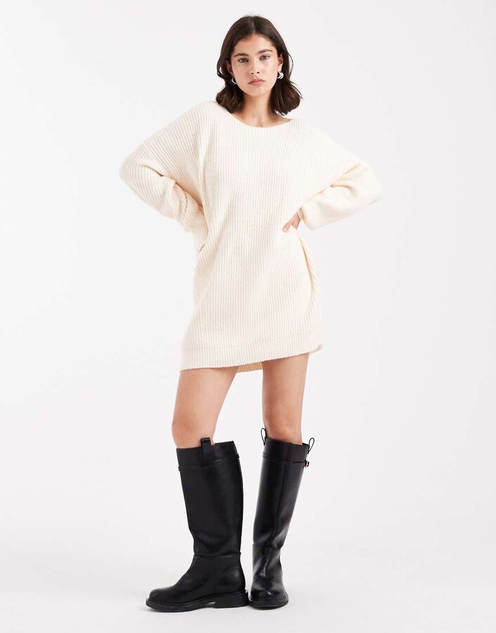 Miss Selfridge slash neck oversized knit mini dress in cream