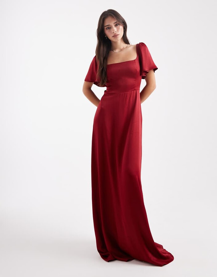 Maids To Measure Bridesmaid square neck flutter sleeve maxi dress in burgundy