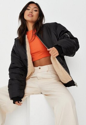 Missguided Tall Black Reversible Borg Oversized Bomber Jacket - ShopStyle