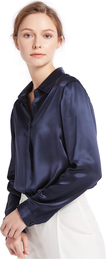 navy silk blouse