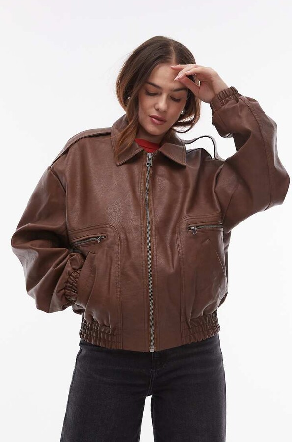 Topshop faux leather oversized bomber jacket in brown ShopStyle