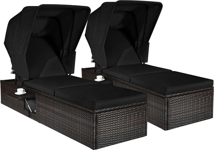 Costway 2PCS Patio Rattan Lounge Chair Chaise Cushion Canopy Adjustable Tea Table
