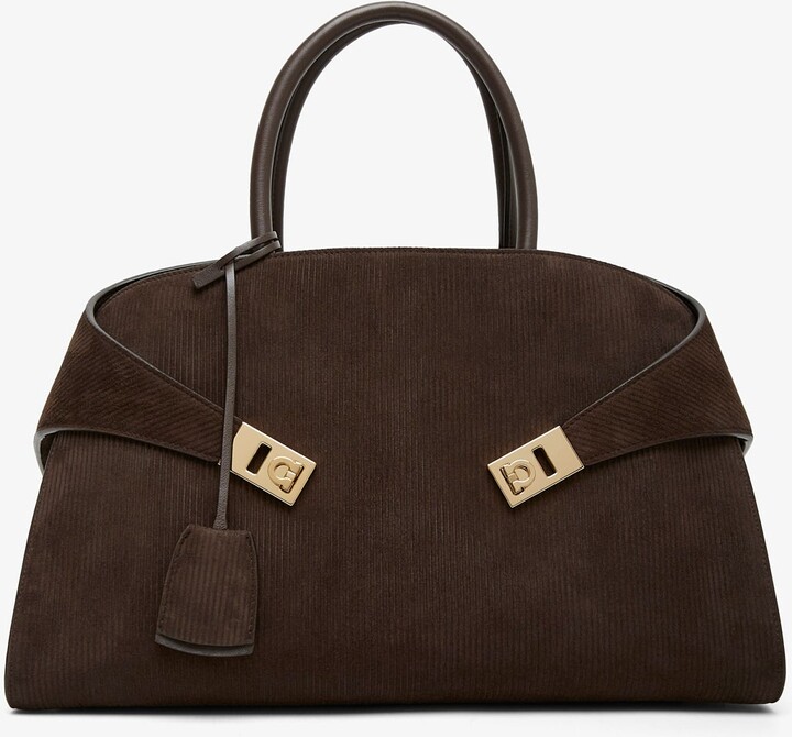 Ferragamo Hug M brown suede top handle bag