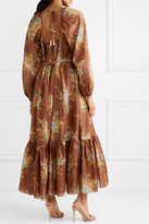 Thumbnail for your product : Zimmermann Zinnia Tiered Open-back Floral-print Silk Midi Dress - Brown