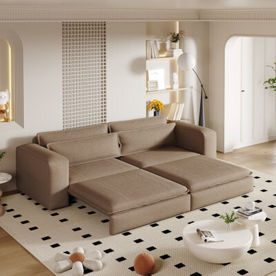 Latitude Run King Size Modern Sleeper Sofa, Camel Teddy Upholstery, Convertible For Small Spaces