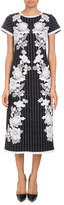 Thumbnail for your product : Andrew Gn Round-Neck Cap-Sleeve Metallic-Pinstripe Dress with Lace Applique