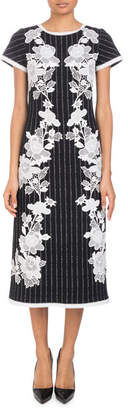 Andrew Gn Round-Neck Cap-Sleeve Metallic-Pinstripe Dress with Lace Applique