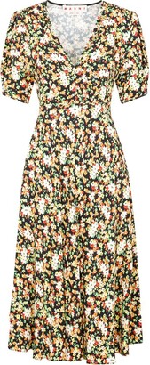 Marni Floral-Printed V-Neck Midi Dress