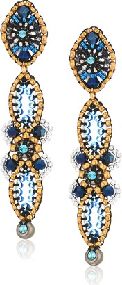 Miguel Ases Vertical Linear Fleur Petals Swarovski Cluster Post Drop Earrings