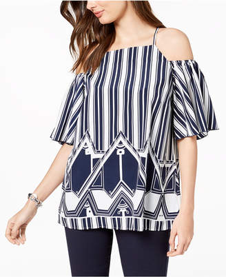 Alfani Petite Mixed-Print Cold-Shoulder Top, Created for Macy's
