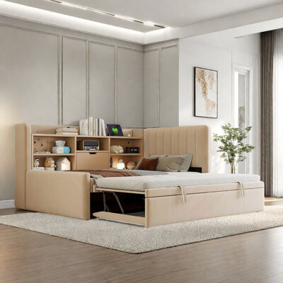 Latitude Run Upholstered Daybed With Trundle Storage Shelves Usb & Outlet And Vertical Striped Design