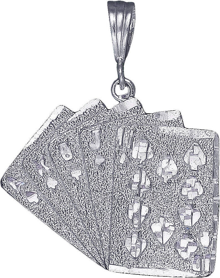 Etsy sterling Silver Royal Flush Of Hearts Poker Charm Pendant Necklace 1.6 Inches 5 Grams With Diamond Cut Finish & 24 Inch Figaro Chain
