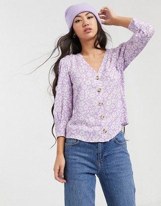 Monki floral print puff sleeve button through blouse in lilac