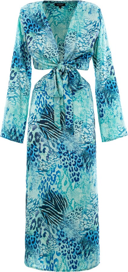 Bluzat Ocean Blue Mixed Print Cutout Midi Dress With Tie Waist