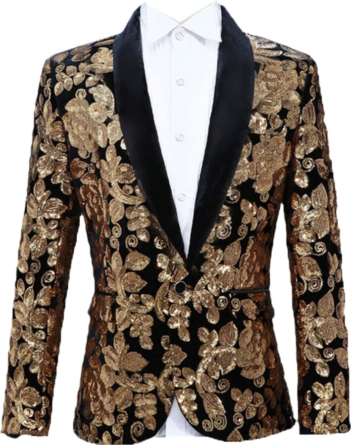 MAFSMJP Men's Performance Costume Singer Dress Velveteen Gold Sequin