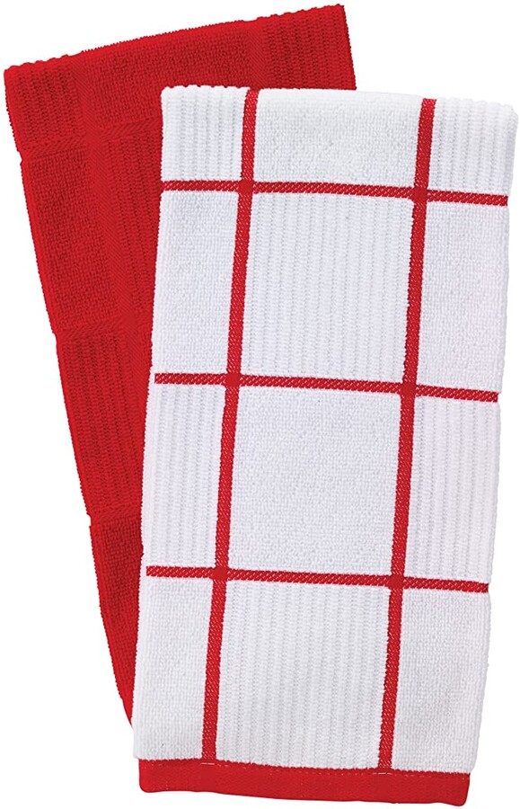 T-Fal Textiles 60948 2-Pack Solid & Check Parquet Design 100-Percent Cotton Kitchen Dish Towel, Red, Solid/Check-2 Pack