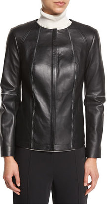 Magaschoni Leather Peplum Jacket w/ Contrast Whipstitching, Black