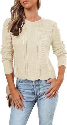 Ancapelion Womens Long Sleeve Jumpers Causal Crew Neck Hollow Out Cable  Pullover Sweater Basic Solid Ribbled Cozy Knitted Cream Sweatshirt Tops for  Ladies M - ShopStyle