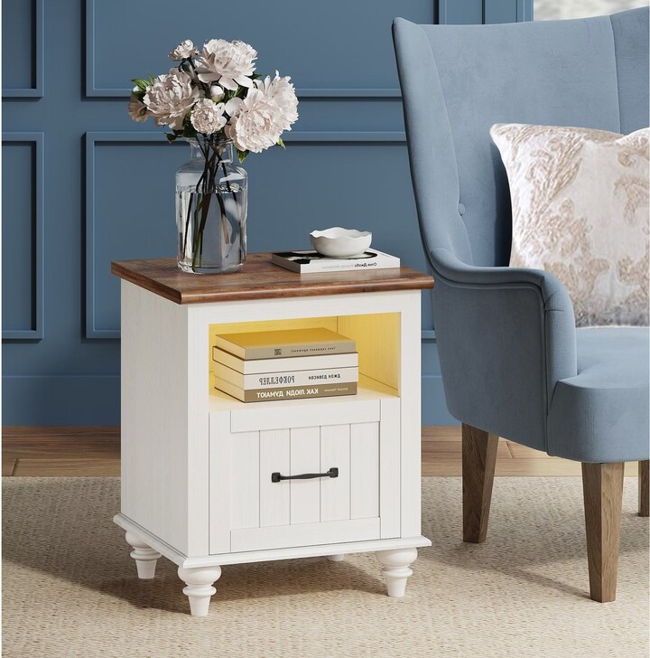 WAMPAT LED Nightstand Bedside Table, Wood Side Table Drawer White