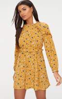 Thumbnail for your product : PrettyLittleThing Mustard Floral Frill Long Sleeve Shift Dress
