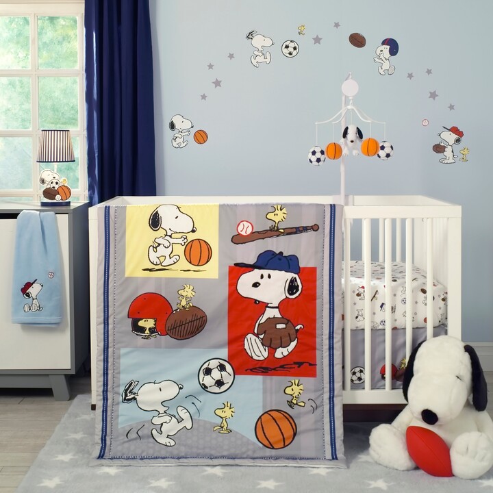 Bedtime Originals Snoopy Sports Gray/Blue/Yellow/Red 3-Piece Nursery Baby Crib Bedding Set