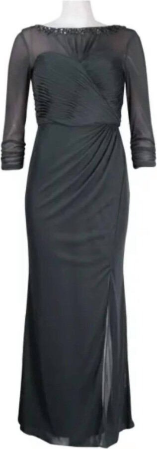 Alex Evenings Beaded Sheer Sleeve Ruched Gown In Smoke